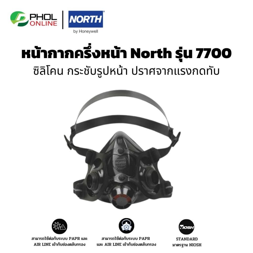 หน้ากากกันสารเคมี หน้ากากท่อคู่ ครึ่งหน้า North รุ่น 7700 หน้ากากซิลิโคน
