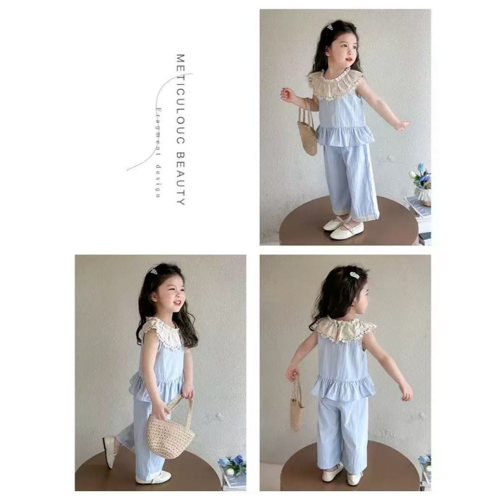 nana*8808-6*ชุดเช็ตสีฟ้าสำหรับเด็กผู้หญิง เสื้อพร้อมกางเกงขาบอ ไสต์เกาหลี - รูปที่ 4
