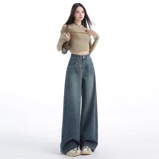 S-5XL สุภาพสตรีกางเกงยีนส์หลวมสบายๆเอวสูงตรงขนาดใหญ่ย้อนยุคสีฟ้า