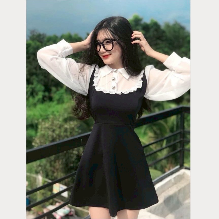 สินค้าพร้อมส่ง ชุดเดรส แขนยาว คอปก คอแต่งระบายผ้าชีฟอง แต่งกระดุม  แฟชั่นฤดูใบไม้ผลิ ชุดสำหรับผู้หญิง A6849