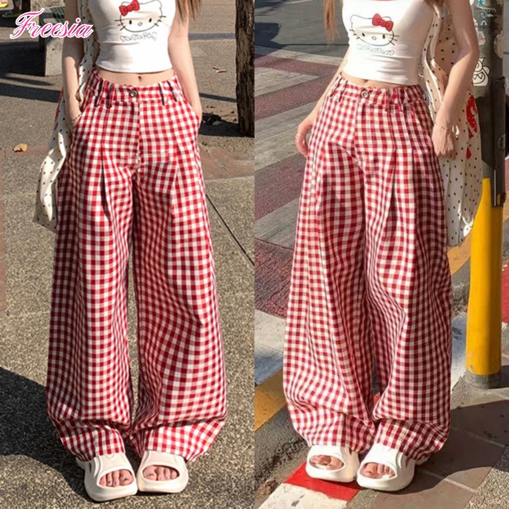 กางเกงลำลอง กางเกงลายสก๊อตวินเทจ จับจีบด้านหน้า สลับสี สไตล์วินเทจ#91247