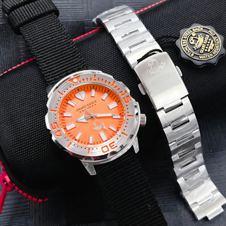 นาฬิกา GRAND EAGLE สายผ้า ขอบสแตนเลส ขอบหมุนได้ พรายน้ำ (ได้สาย2เส้น)