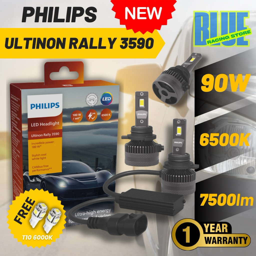 Philips LED หลอดไฟหน้ารถ Ultinon Rally 3590 แถม T10 LED 6000K H4 H7 H11 H8 H16 HB3 HB4 H19 HIR2 H1 1