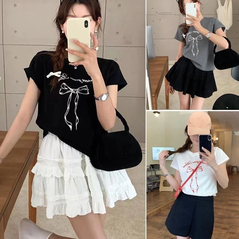 G01-09 เสื้อยืดสีดำ แขนสั้นพิมพ์ลายโบว์ดำ สุดน่ารัก แนวเกาหลี หลายไซส์ ผ้านิ่มสวมใส่สบาย ใส่ได้ทุกโอกาส ราคาถูก