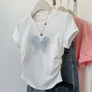 G03-11 เสื้อยืดแขนสั้นพิมพ์ลายผีเสื้อเทา สุดน่ารัก แนวเกาหลี หลายไซส์ ผ้านิ่มสวมใส่สบาย ใส่ได้ทุกโอกาส ราคาถูก