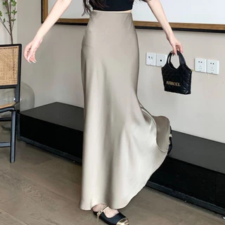 Bived S-6XL กระโปรงยาวผู้หญิง เอวสูง กระโปรงทรงหางปลา ผ้าบาง กระโปรงทรงเอ ขอบเอวซิป