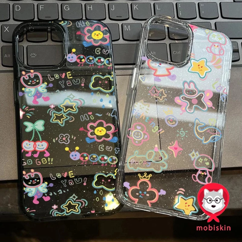 น่ารักสีสันรูปแบบการ์ตูนสําหรับiphone 16 15 14 13 12 11 Pro Max 7 8 Plus XR แฟชั่นBright Glitter Clear TPUกันกระแทกนุ่ม
