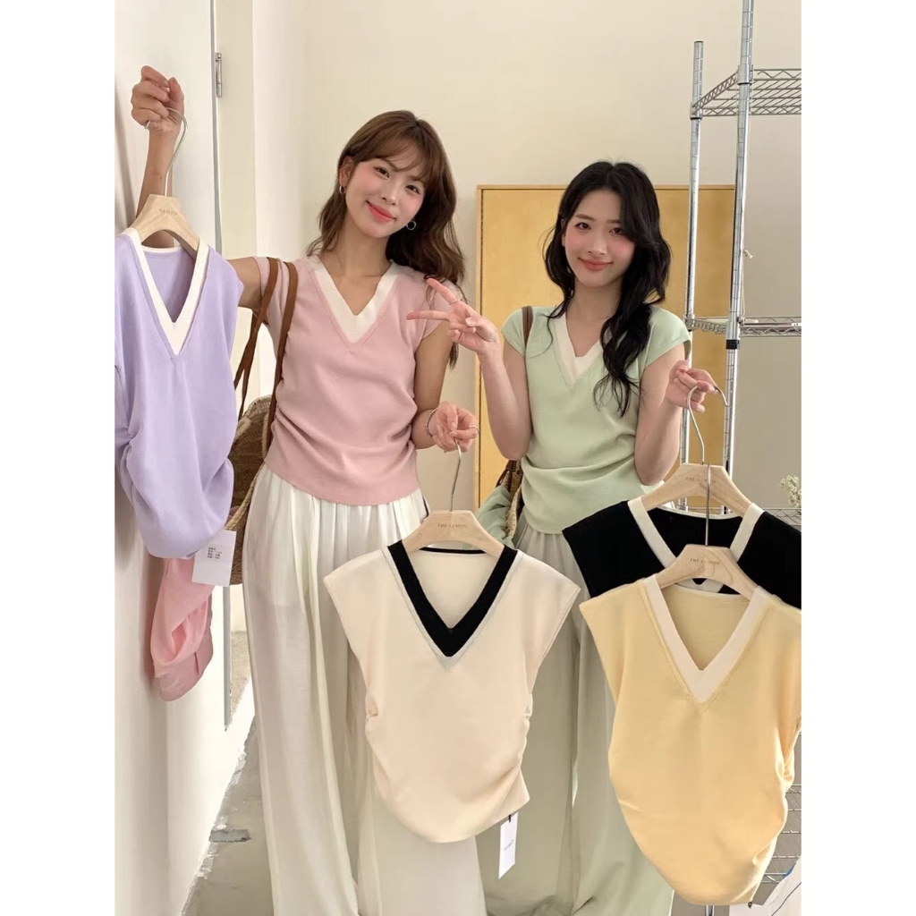 เสื้อยืดผู้หญิง เสื้อยืดแขนกุด คอV ต่อสลับ ทรงเข้ารูป มี6สีเลือกได้ #1502388
