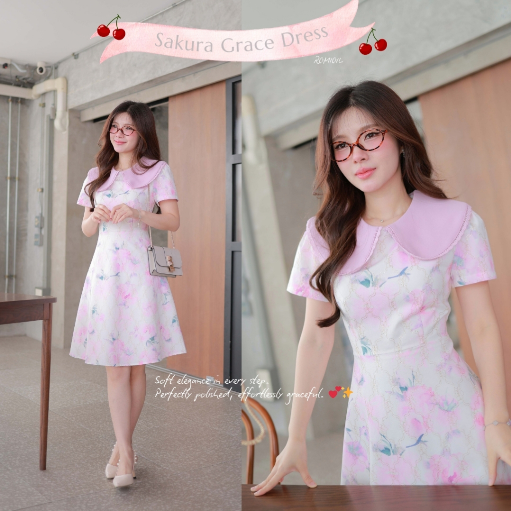 “Romi”Oil” Sakura Grace Dress (Pink) K275 ชุดเดรสสีชมพู (คอบัวแต่งลูกไม้สีชมพู) – โปรปัง