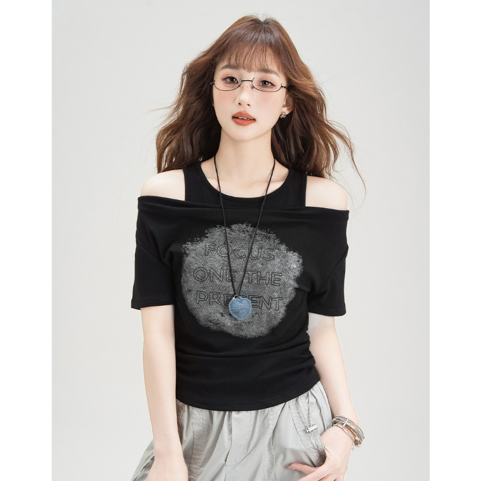 เสื้อยืดเเขนสั้น เสื้อยืดเเขนสั้นผู้หญิง สไตล์ทรงหลวม สไตล์เกาหลี สไตล์ออลแมทช์  ใส่ได้สองเเบบ #020351 - รูปที่ 4