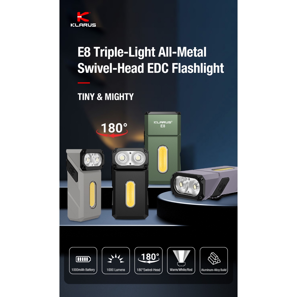 ไฟฉายขนาดเล็ก Klarus E8 Triple-Light All-Metal Swivel-Head EDC Flashlight