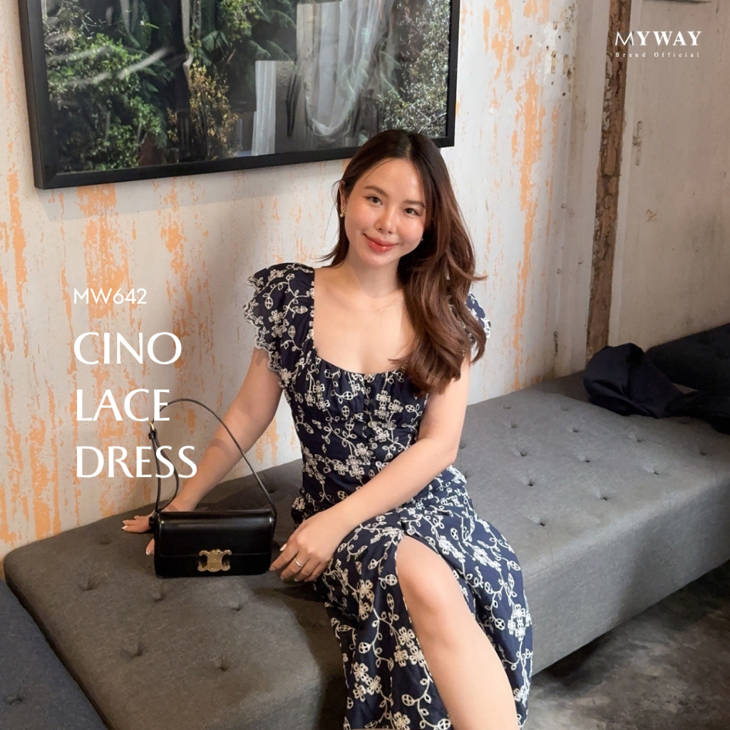 MyWay Brand : Dress - Cino Lace เดรสยาวสีกรม ปักลาย ชุดออกงาน