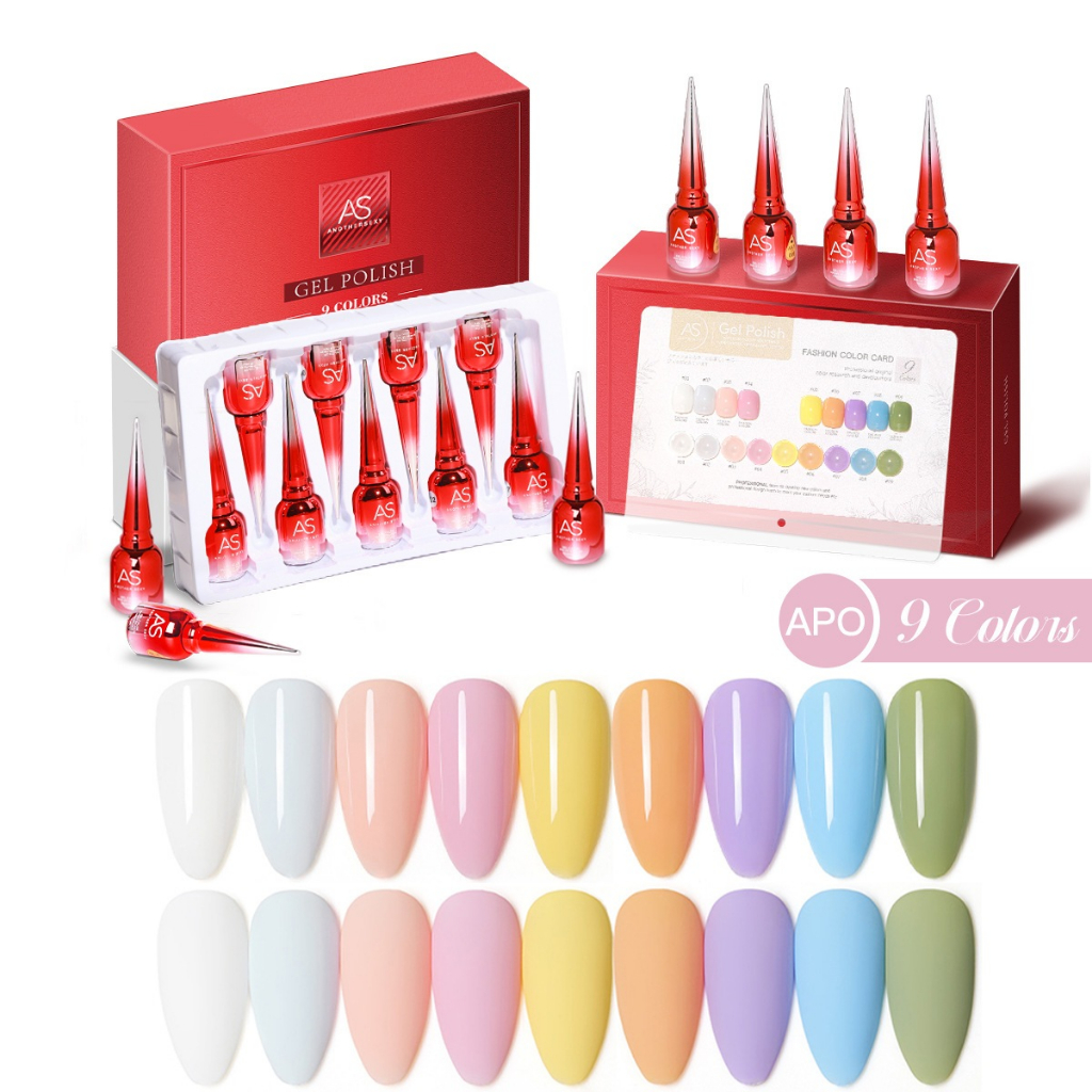 set สีเจล As 15ml. color gel โทนพาสเทล 9สี APO 1-9 แถมชาร์จพร้อมทาไปเลย เฉดสวยน่ารักมุ้งมิ้ง