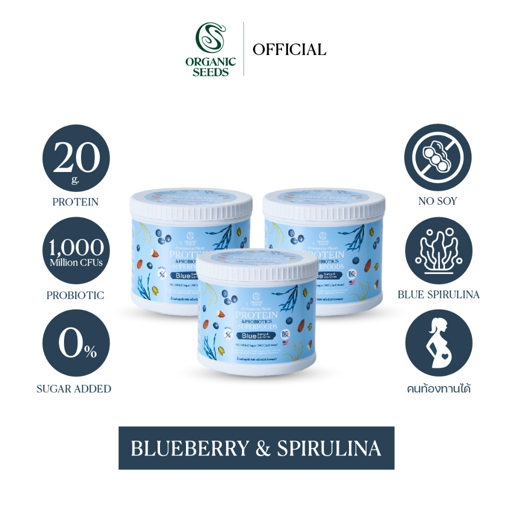 3 กระปุก โปรตีนพืช รสบลูเบอร์รี่&สไปรูริน่า / Plant Protein Blueberry & Spirulina 400g