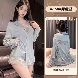 ชุดนอนเชิ้ตซาตินลูกไม้หรูหรา (เสื้อ+กางเกง) ชุดนอนไม่ได้นอน ลุคคุณหนูเซ็กซี่แบบมีระดับ รหัส*4579