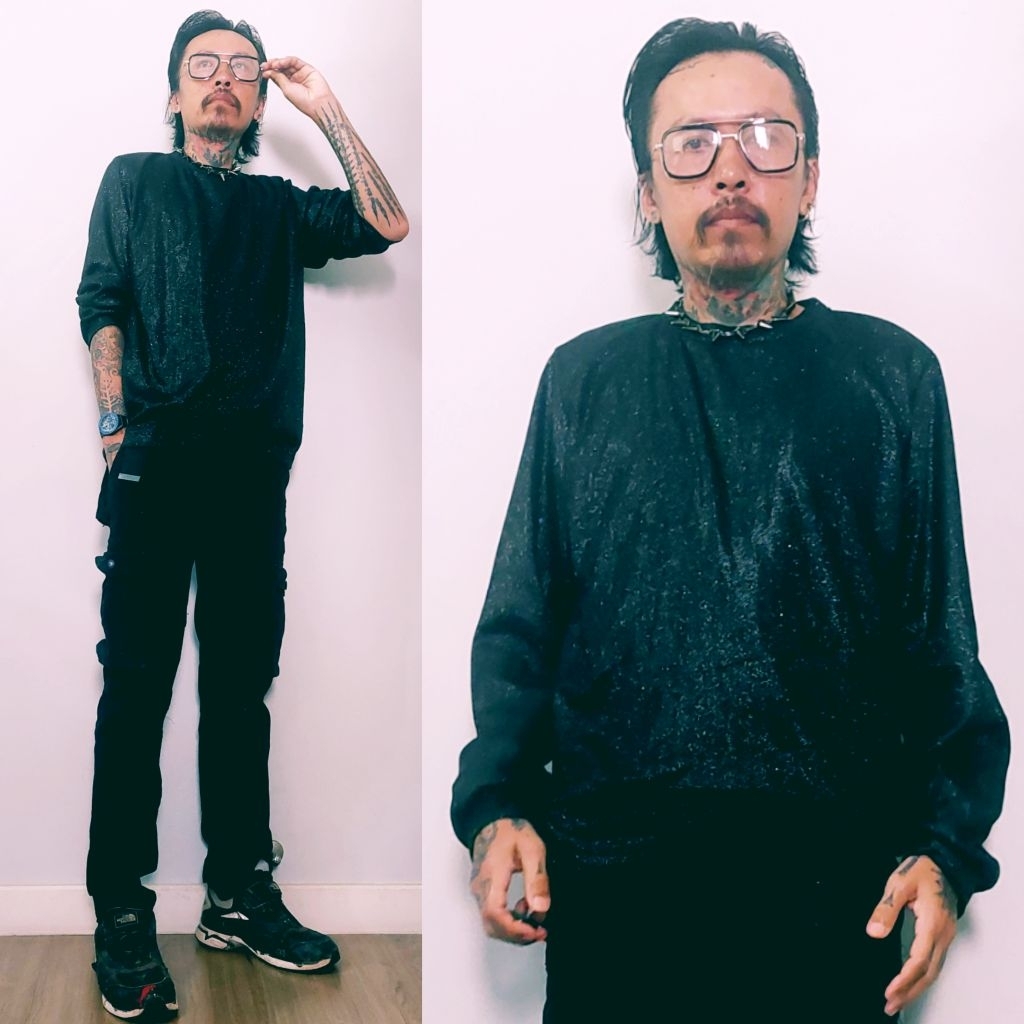 เสื้อเมทัลลิคคอกลมแขนยาวผ้ากากเพชร เสื้อเลื่อมสีดำแขนยาวสำหรับผู้ชาย(สินค้าในไทย🇨🇷)