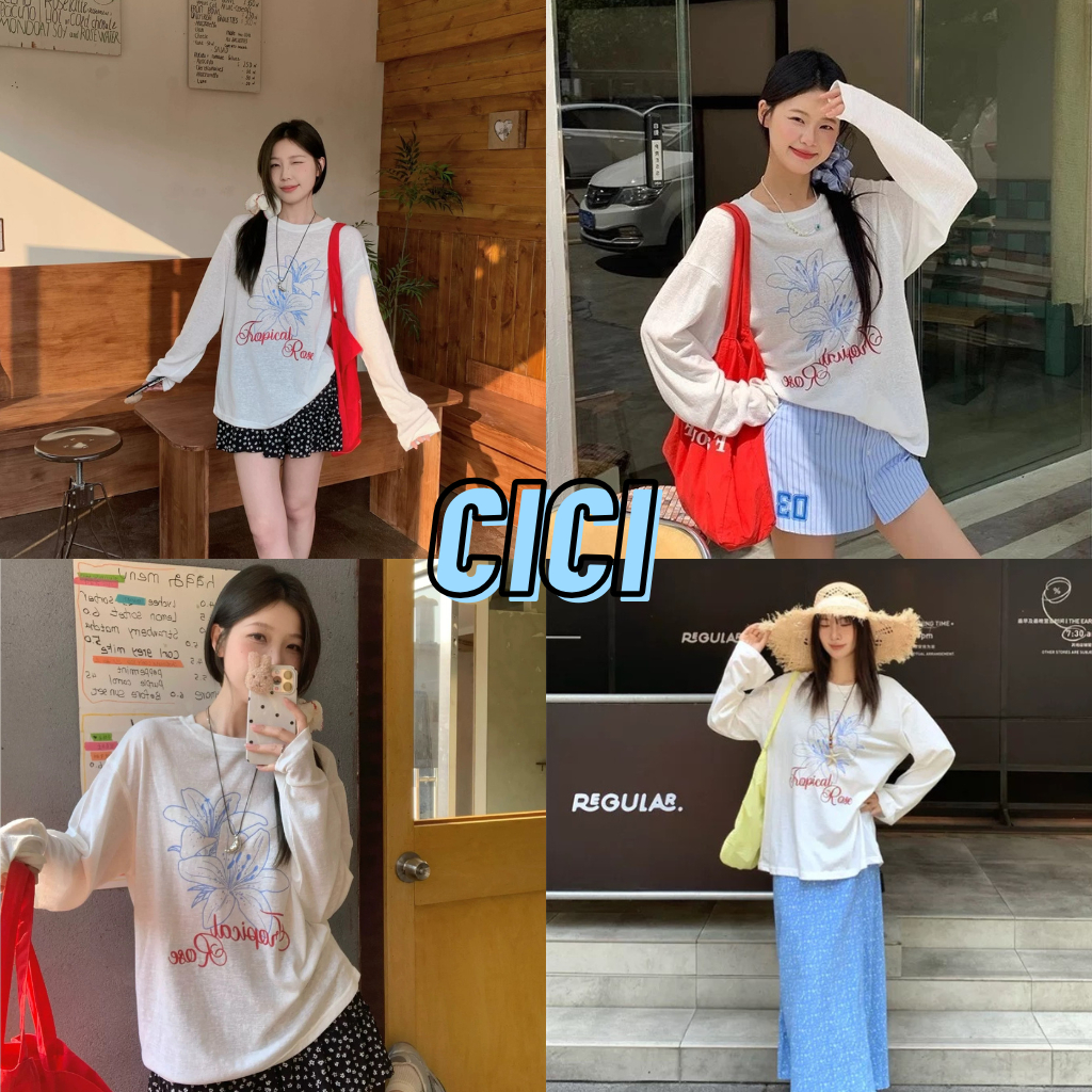 ส่งทันที Cici(CM2082) เสื้อยืดแขนยาวพิมพ์ลายดอกไม้ตัวอักษรผ้ายืด ผ้าโปร่งบางๆสไตล์แฟชั่นเกาหลี