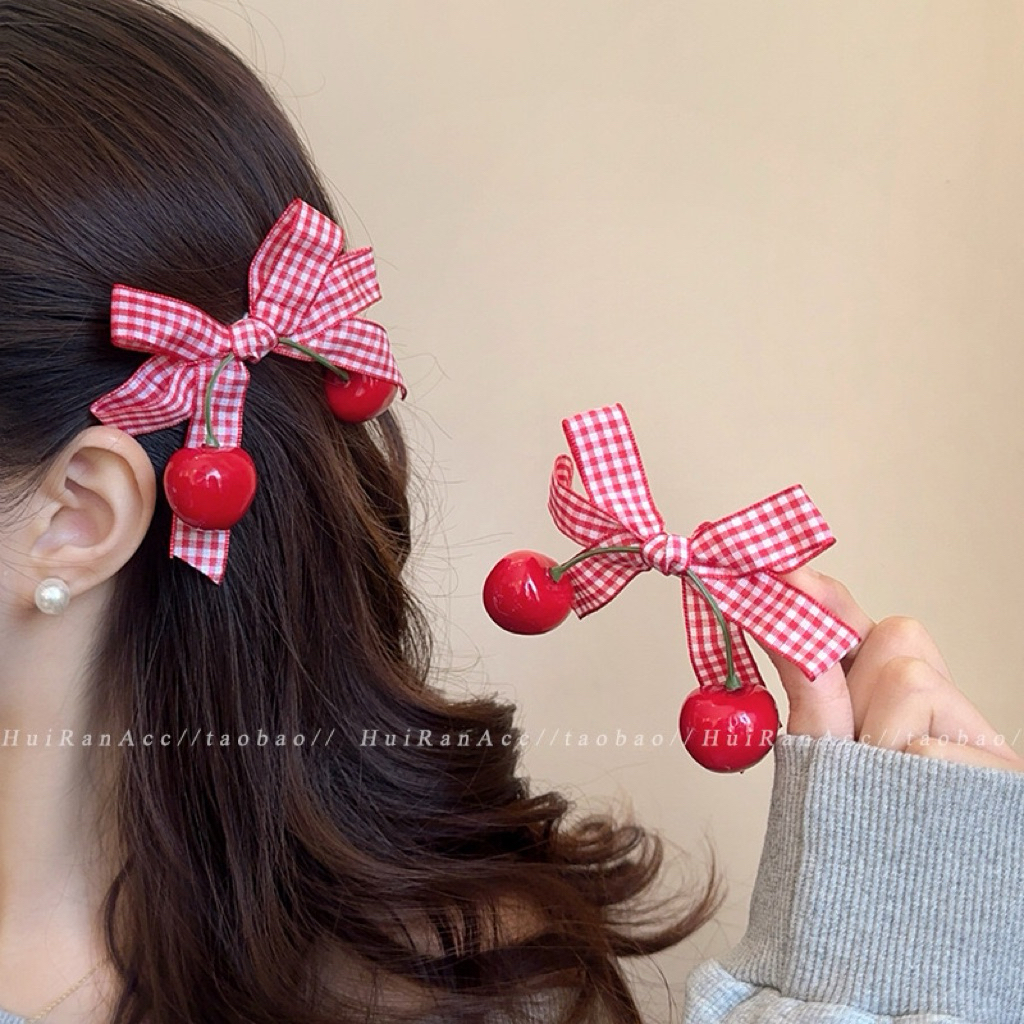 🍒พร้อมส่งจากไทย🍒AD-05กิ๊บติดผมเชอร์รี่สีแดงประดับโบว์1คู่ (2ชิ้น/เซท) กิ๊บเชอร์รี่สุดคิวท์