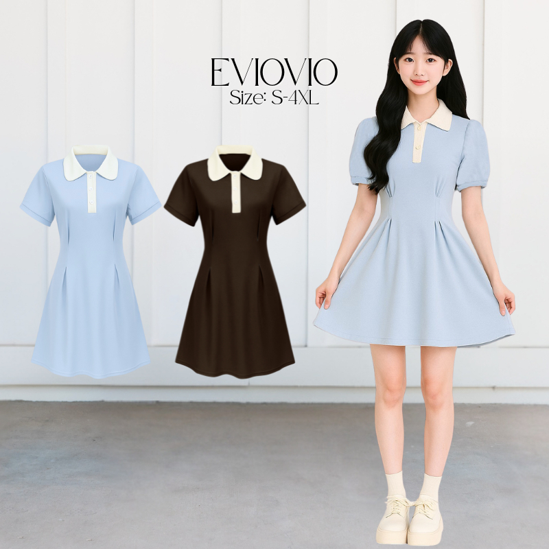 【NEW】 S-4XL เดรสโปโล คอปกสีเบจตัดกัน เดรสสั้นกระโปรงบานทรงสวย แฟชั่นเกาหลี ชุดเดรสพร้อมส่งทุกไซส์
