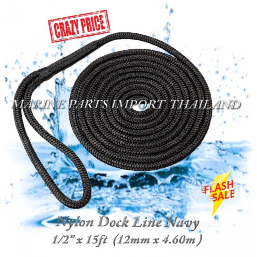 Dock Line double braided nylon in Navy color 1/2''x 15ft - 12mm x (4.60m) Spliced Eye 30cm