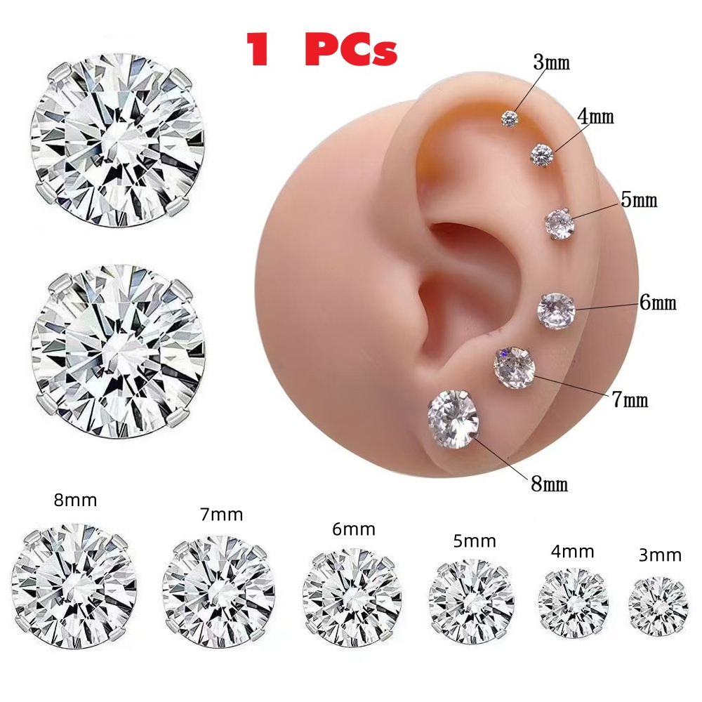 ต่างหูเงิน ต่างหู 316 Stainless Steel Four 4 Claw Zircon Earrings Titanium Steel Welding Needle Spiral Round Ear Bone