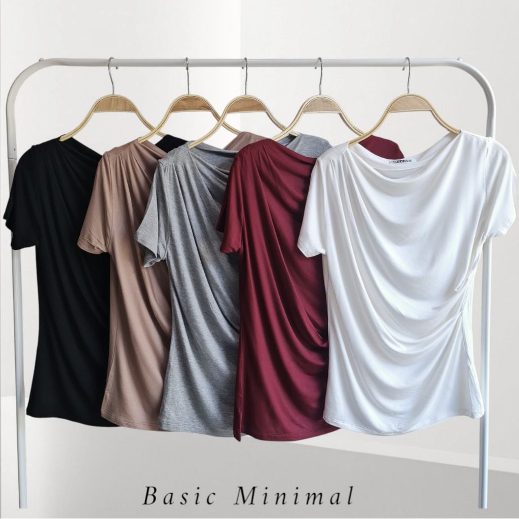เสื้อยืดปาด แต่งดีเทลจีบเอว ผ้านุ่ม ใส่สบาย