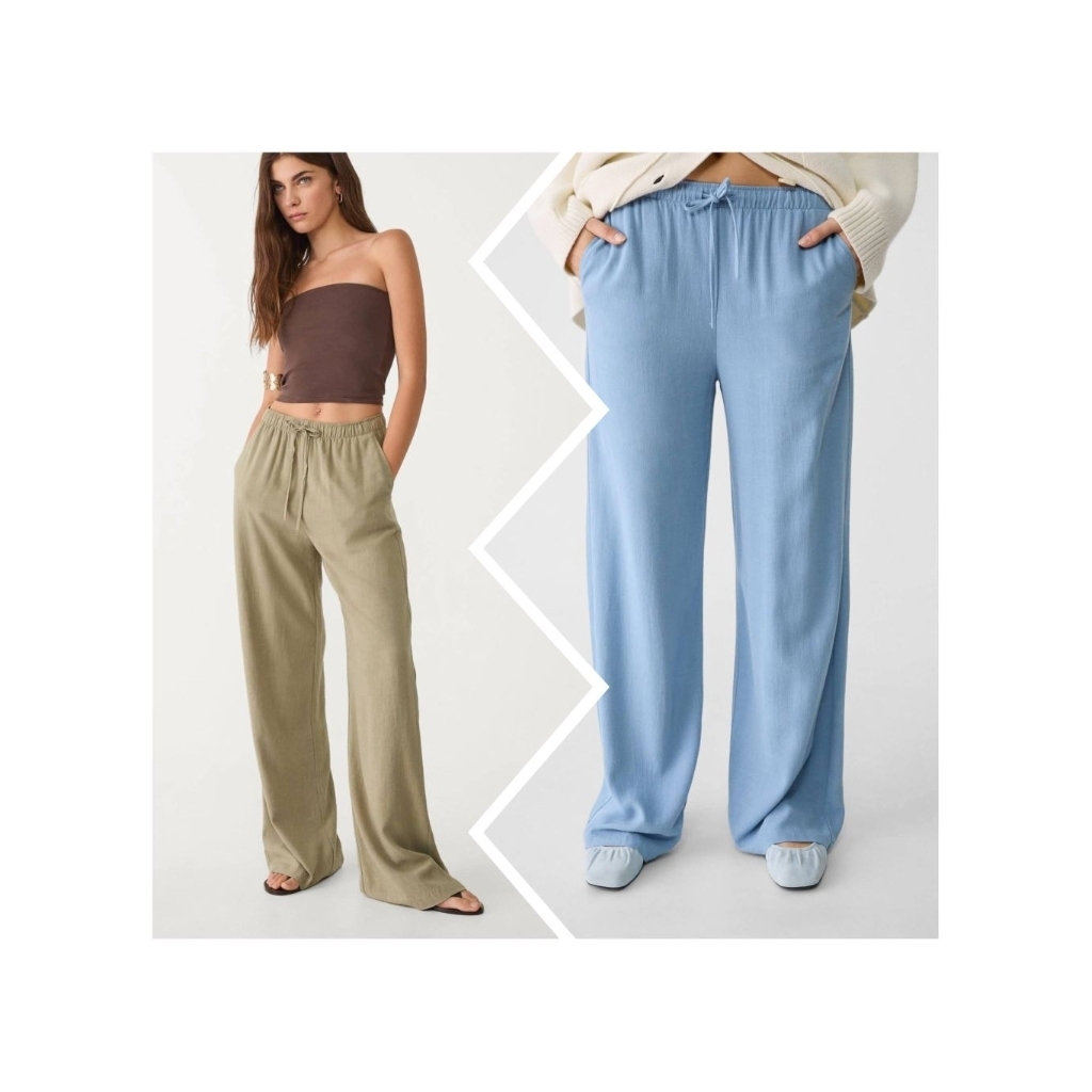 Stradivarius​ กางเกงขา​ยาว​ ทรงกระบอก​ ผ้า​ลินิน​ผสม​ สีฟ้า,เขียวขี้ม้า – โปรปัง