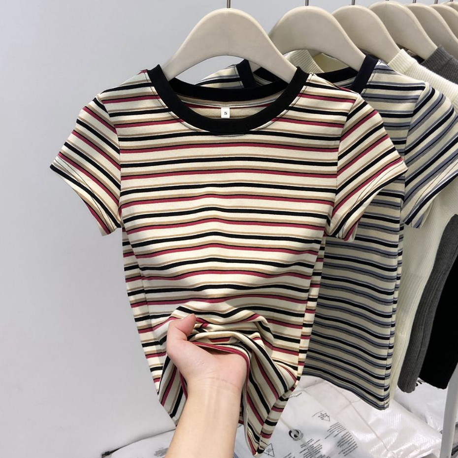 Y6Y - เสื้อยืดคอกลมแขนสั้นลายทางสำหรับผู้หญิง เสื้อครอปทรงเข้ารูปคุณภาพสูง มีสไตล์