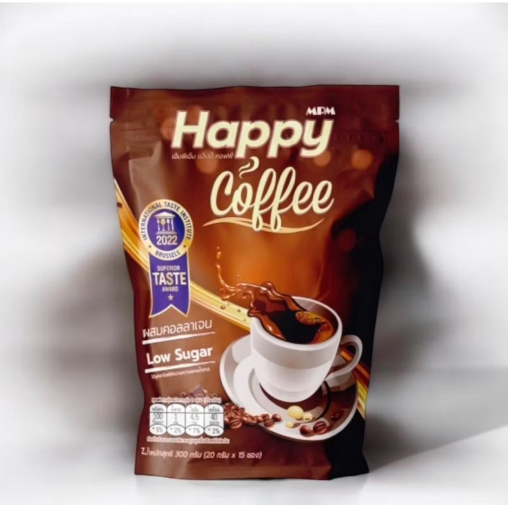 Happy Coffee Collagen กาแฟสำเร็จรูป 3 in 1 ผสมคอลลาเจน ไม่มีคอเลสเตอรอล ไม่มีไขมันทรานส์