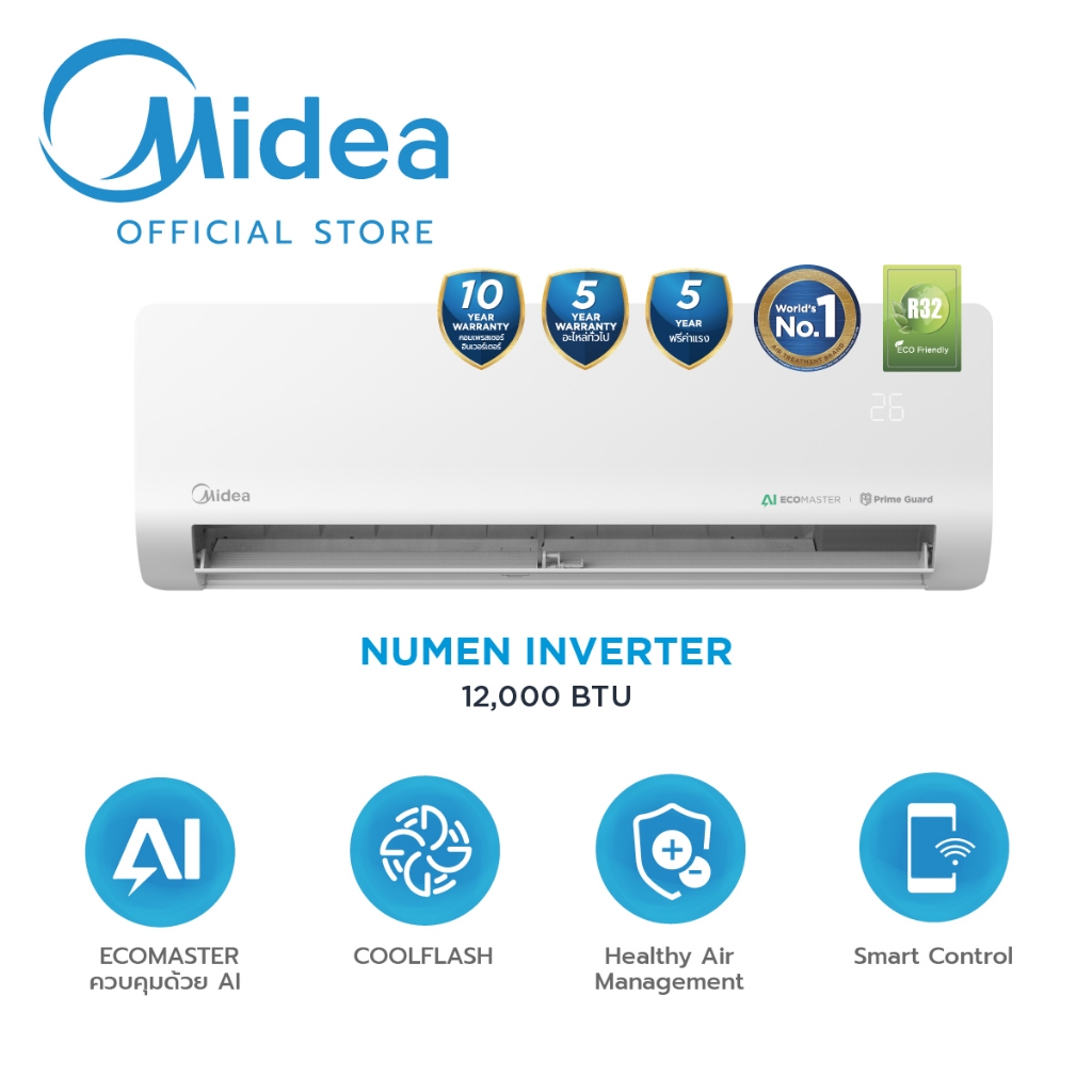 Midea แอร์ติดผนัง Inverter รุ่น Numen  เครื่องปรับอากาศติดผนัง ขนาด 12000 BTU ประหยัดไฟเบอร์5,AI ECOMASTER