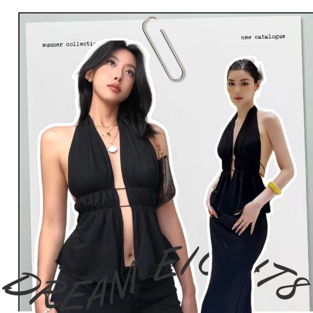 BIK พร้อมส่ง🔥คอวี เสื้อสายเดี่ยว สไตล์ฝรั่งเศส สไตล์กำลังนิยมในฤดูร้อน ดำล้ำค่า เหมาะสำหรับถ่ายรูปสไตล์เกาหลี