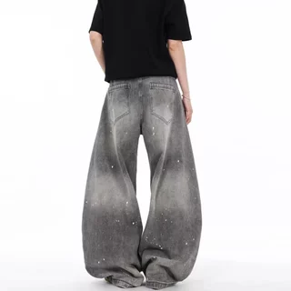 toki- กางเกงยีนส์ผู้ชาย ทรงตรง ทรงหลวม สีเทา กระบอกใหญ่ทรงบอลลูน Unisex ไซส์ M-3XL สไตล์อเมริกันวินเทจ baggy jeans