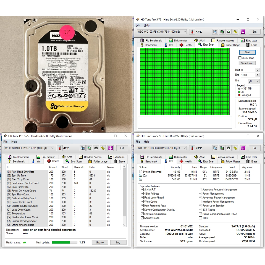 HDD Server Western Digital WD1003FBYX-01Y7B1 RE4 1TB 7200RPM SATA 3Gb/s 64MB 3.5-Inch 7200RPM รอบ มีผลทดสอบจริงทุกตัว