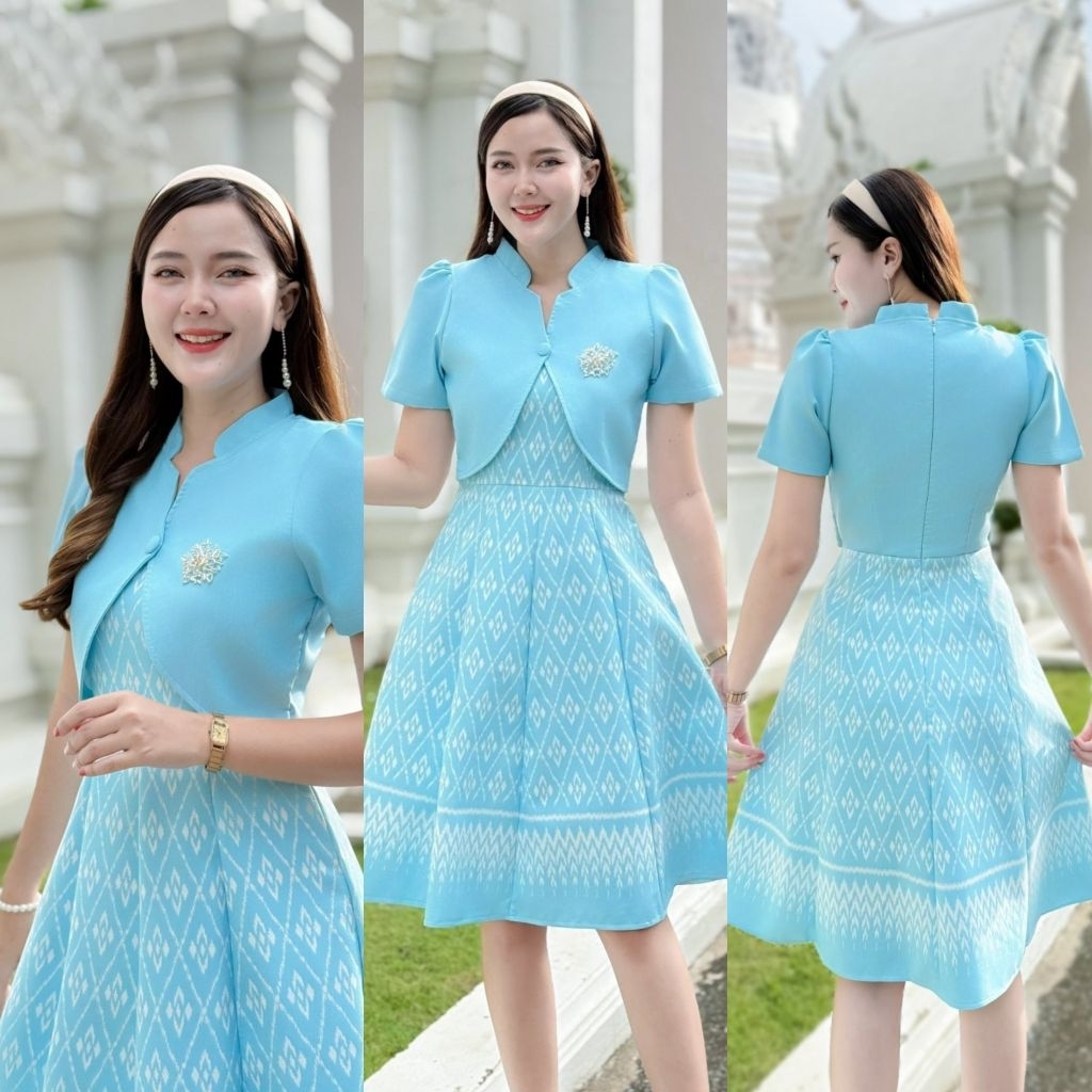 N808 ชุดเดรสผ้าทอลาย แต่งกั๊ก คอจีน