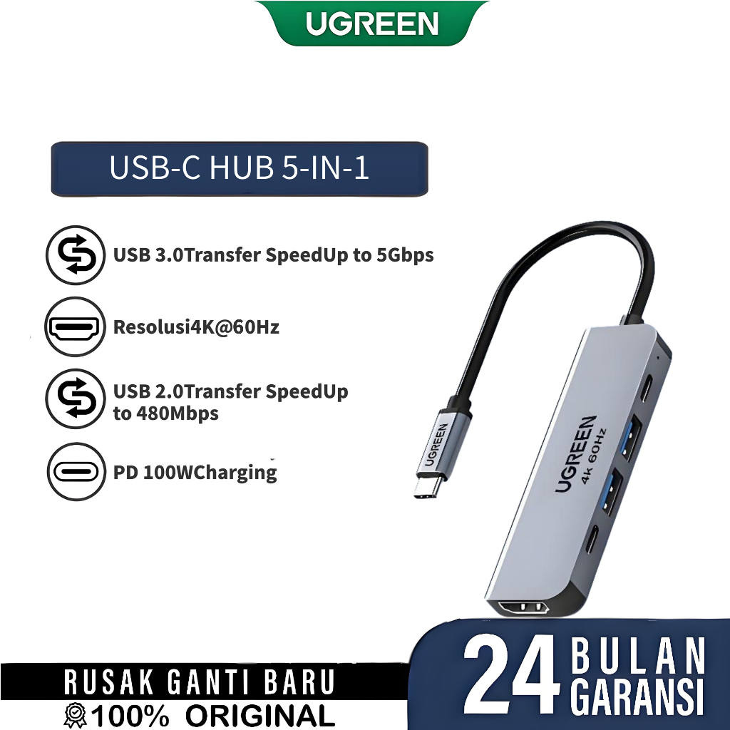 UGREEN  Type-c HUB USB-C 5in1องรับสูงสุด HDMI 4K 60Hz USB2.0 USB3.0 PD วัสดุอลูมิเนียม For MacBook12 Length 15 cm
