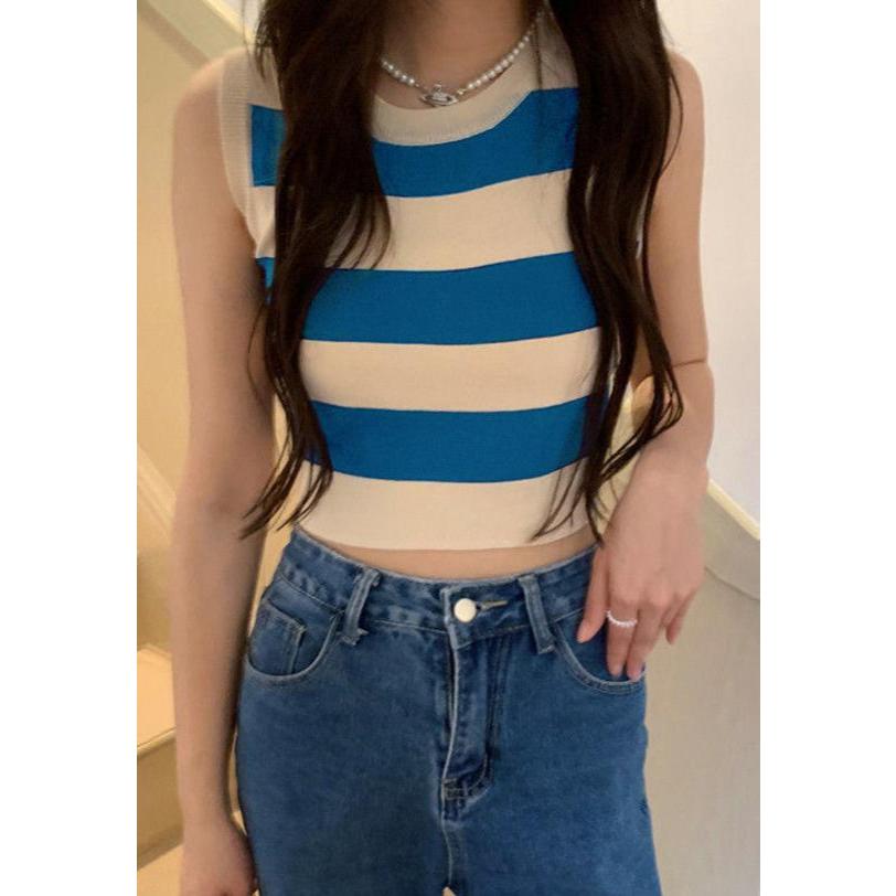 พร้อมส่งในไทย**เสื้อกล้ามไหมพรมแขนกุด เสื้อลายทางผ้านิ่ม มีส่งด่วน Y253