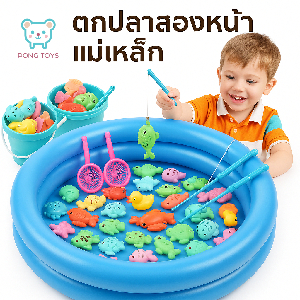 Pong Toys ของเล่นเด็ก ตกปลาแม่เหล็ก สระน้ำเป่าลม คอมพลีตเซ็ต 40 ชิ้น แถมฟรี สูบลม เสริมพัฒนาการ ของเ