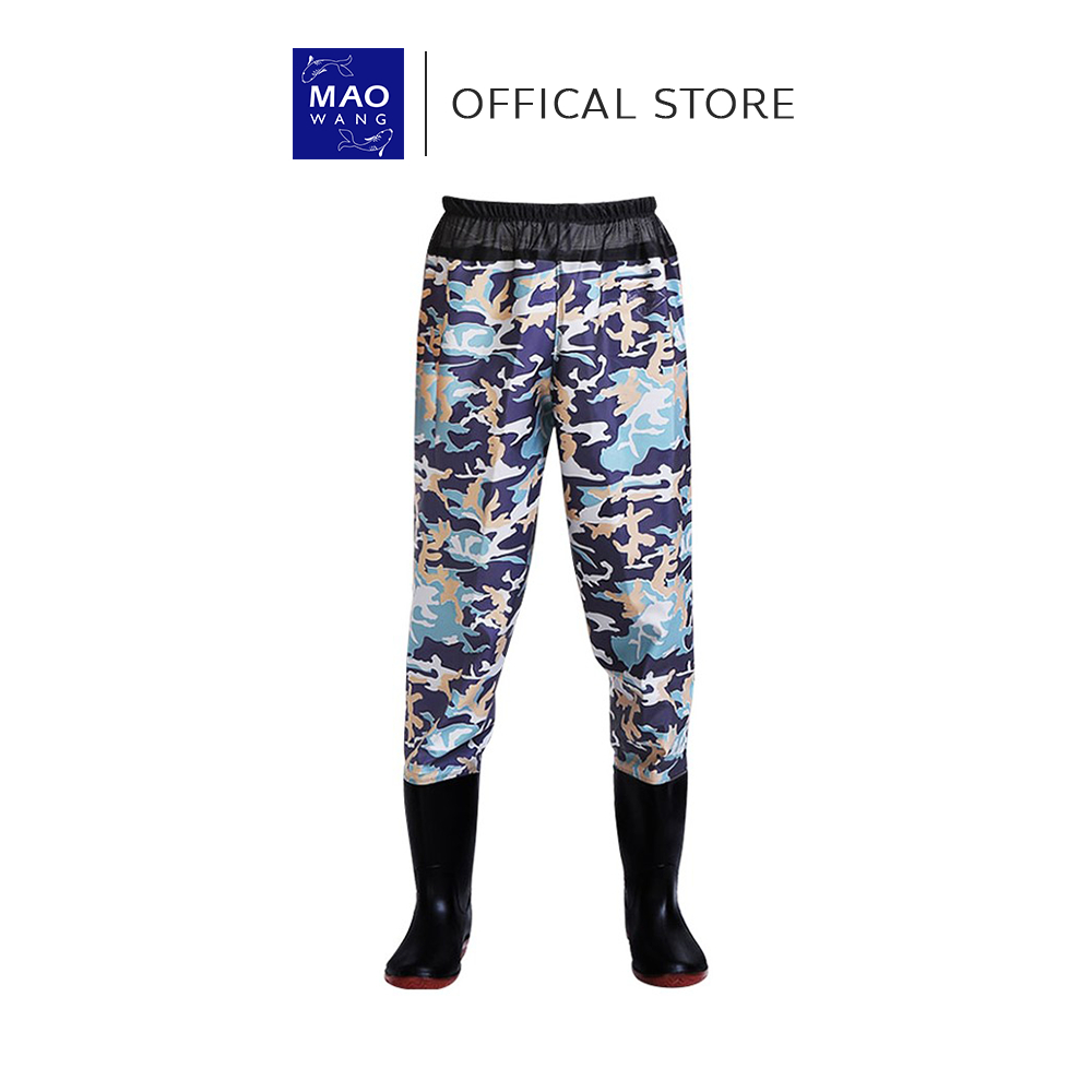 MAO กางเกงกันน้ำ PVC ลายพราง+รองเท้าบู๊ท สำหรับทำสวน ทำไร่