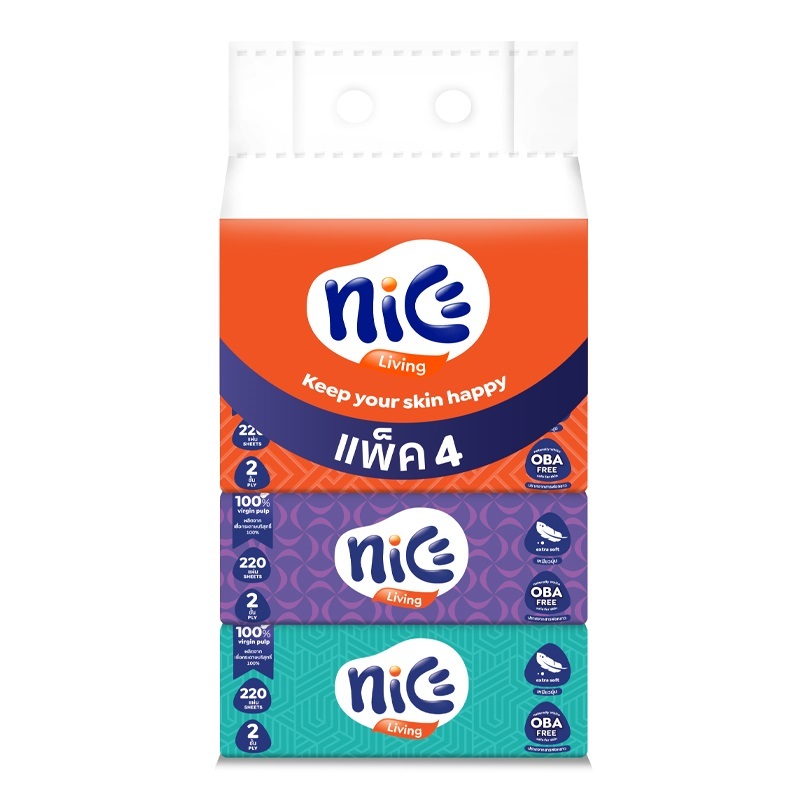 ์Nice ไนซ์ ซอฟท์แพ็ค กระดาษเช็ดหน้า กระดาษทิชชู่ Nice Soft 1แพค 4ห่อ ห่อละ 220 แผ่น