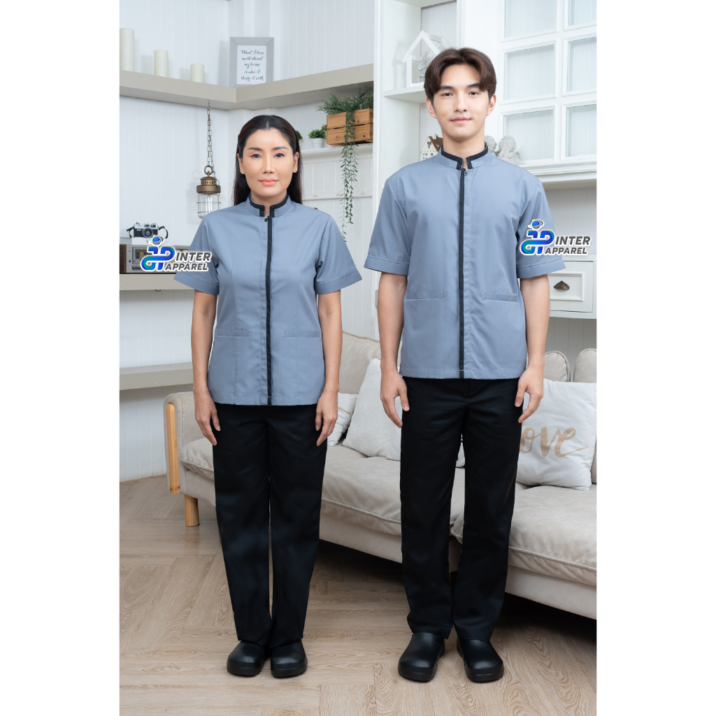 Hover to zoom Essential Care เสื้อแม่บ้าน/พ่อบ้าน แขนสั้น คอจีน สีเทาเข้ม