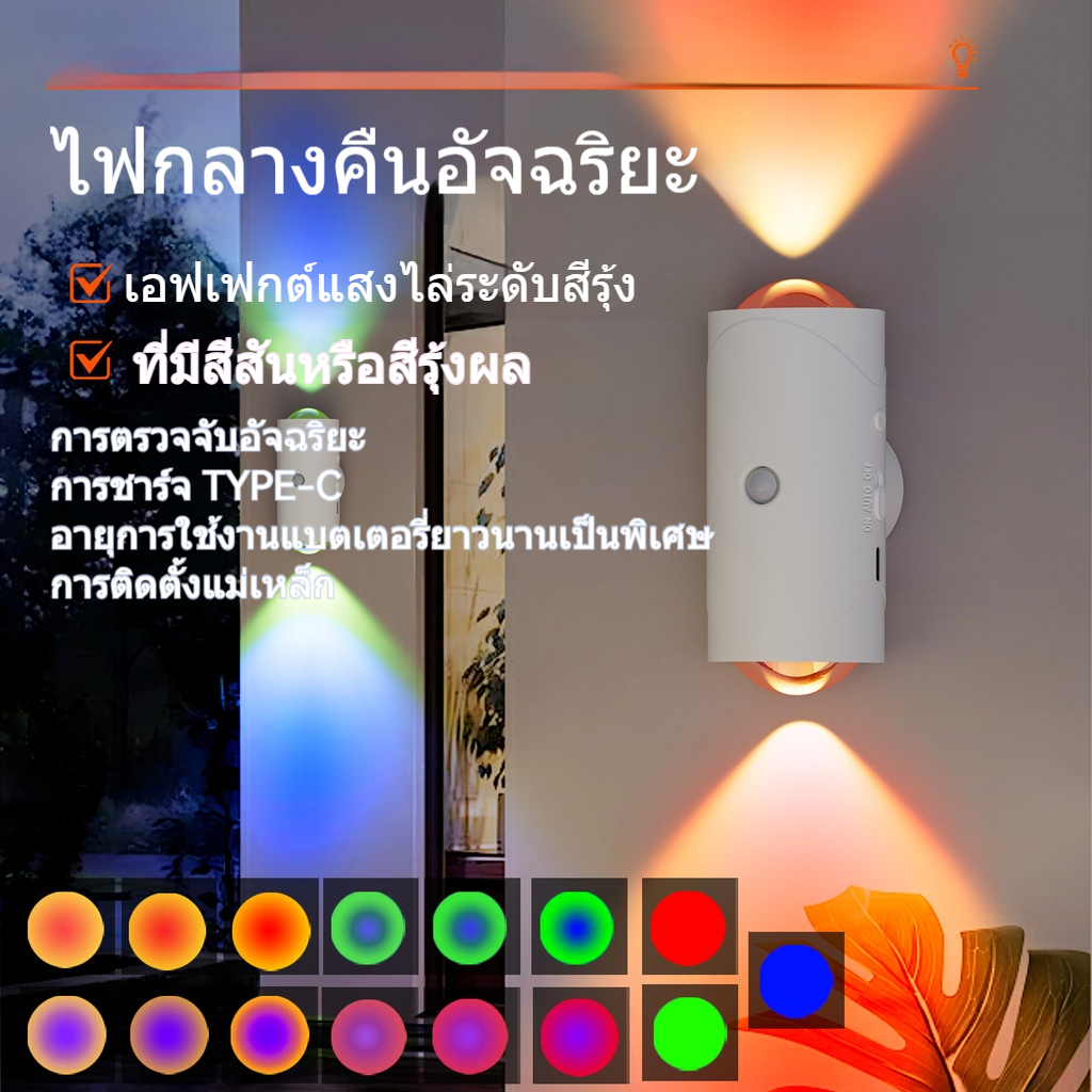 Jqth 15 สี ไฟกลางคืน LED การตรวจจับอัตโนมัติ โคมไฟติดผนังแม่เหล็ก ไฟตกแต่งห้องแบบชาร์จไฟได้