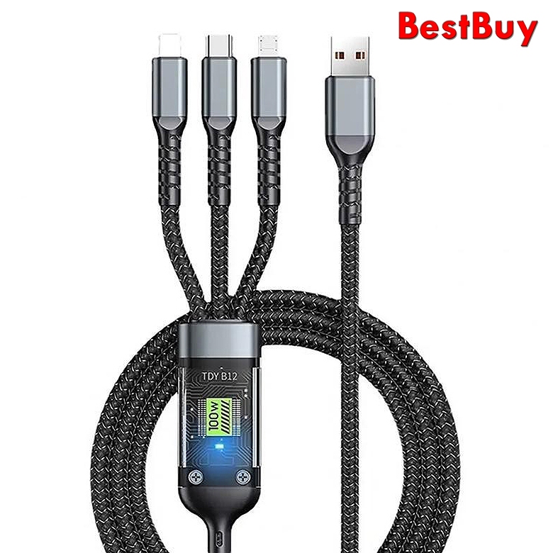 ดีที่สุดสายชาร์จขั้นสูง3in1 PD 100W สายชาร์จเร็ว สายถักไนล่อน พร้อมไฟ LED 6A USB Cable ชาร์จเร็ว สำห