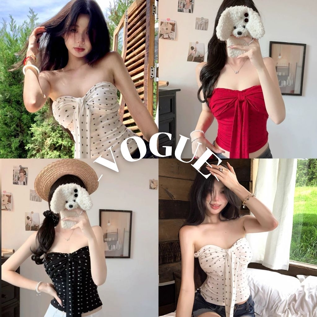 Vogue พร้อมส่ง  เสื้อเกาะอก ดีเทลลายเท้าแมวน่ารัก เสริมฟองน้ำในตัว (FY66020)