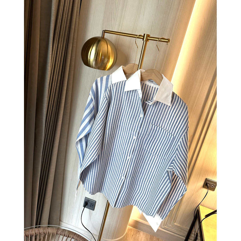 Seeingstudio | Terra shirt เสื้อเชิ้ตลายทางผู้หญิง Freesize ดีเทลคอปก+ปลายแขนสีขาว