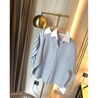 Seeingstudio | Terra shirt เสื้อเชิ้ตลายทางผู้หญิง Freesize ดีเทลคอปก+ปลายแขนสีขาว