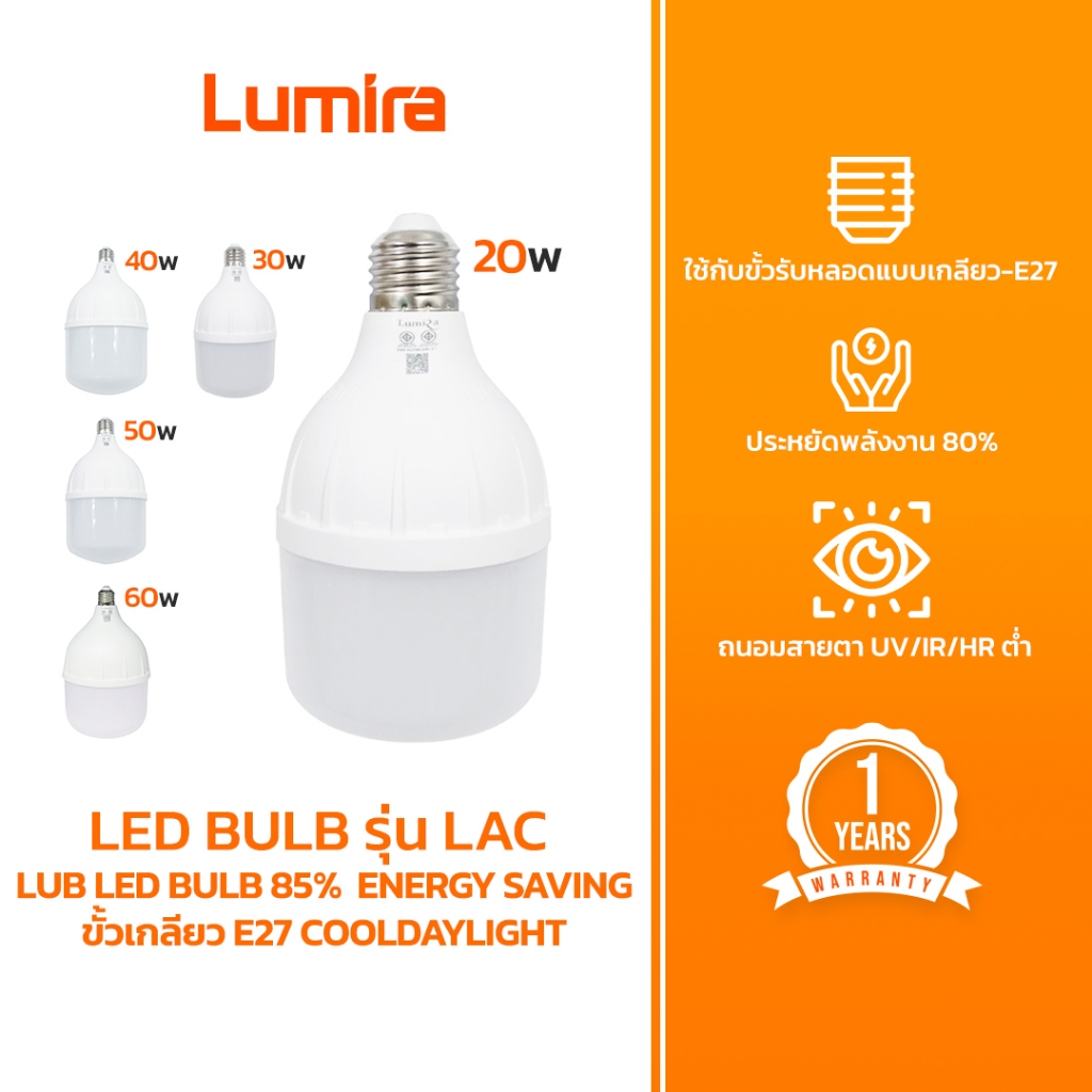 Lumira หลอดไฟ LED E27 รุ่น LUB แสงขาว Cool Daylight ประหยัดไฟ 85% ถนอมสายตา รับประกัน 1 ปี
