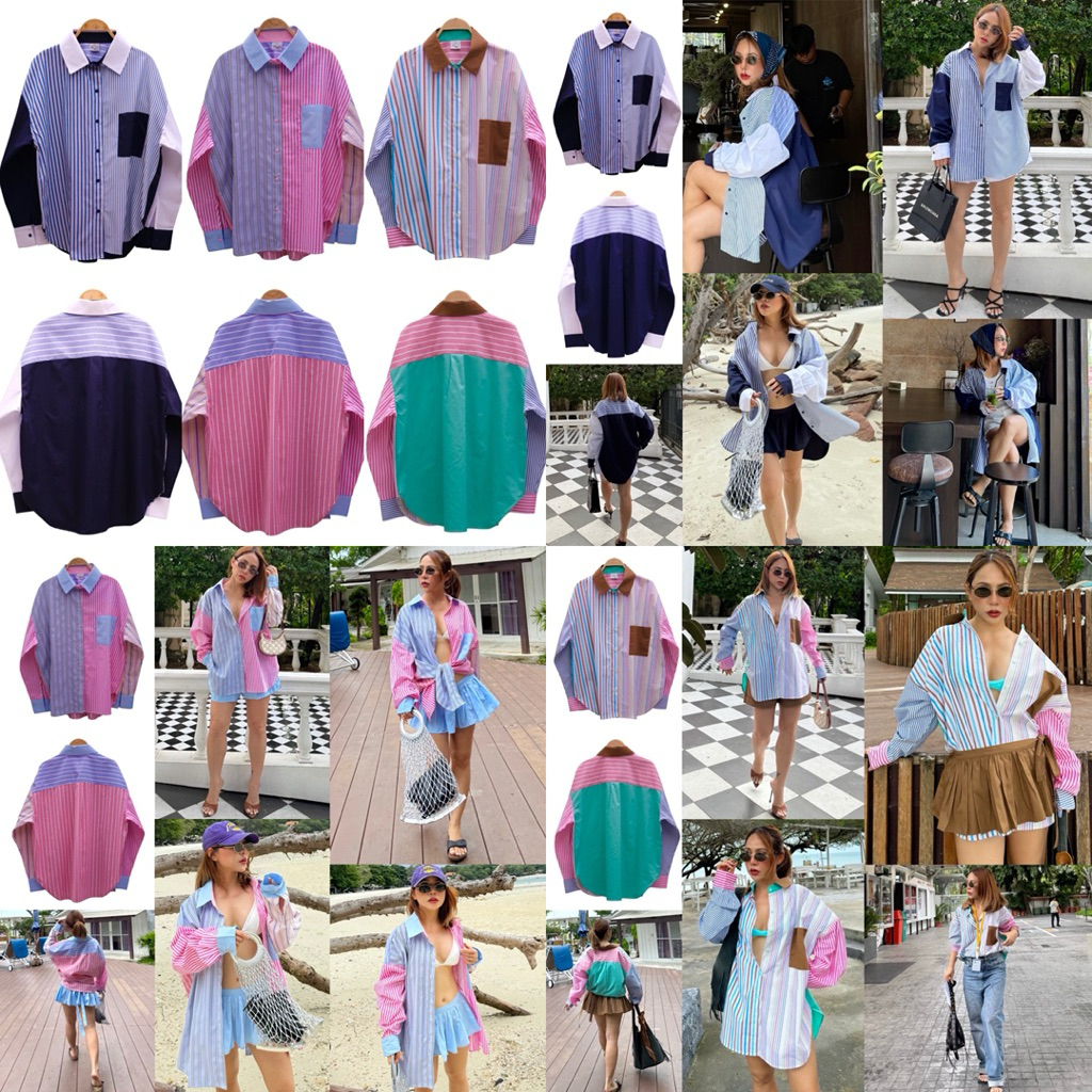 Bright by Aruna :Multicolor Striped 1Pocketเชิ้ตลายทางตัดต่อหลากสี