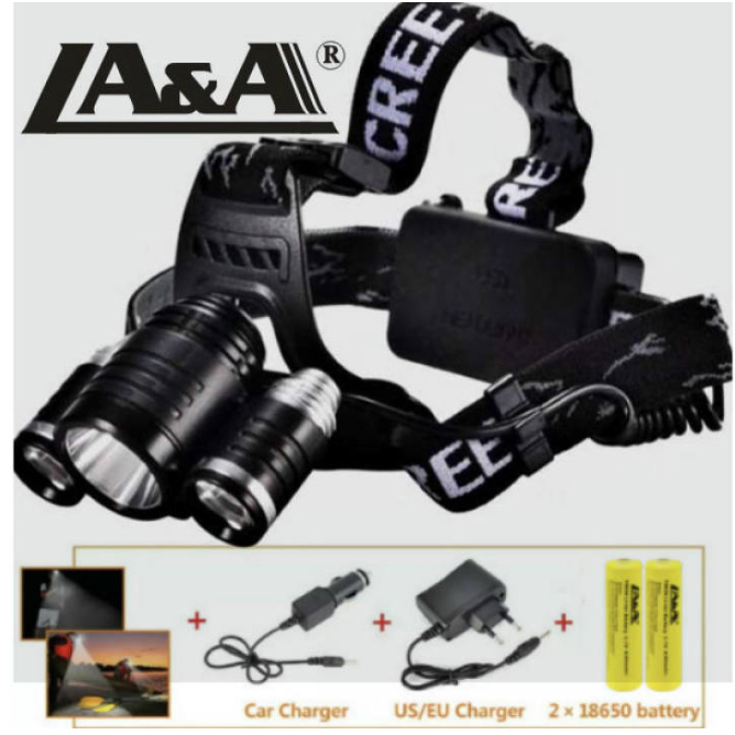 T6-H3001 ไฟฉายคาดหัว LED 3หลอด ความสว่าง 1800Lumen แบรนด์LA&A แถมถ่าน18650 2ก้อน 83 x 37 x 58 มม