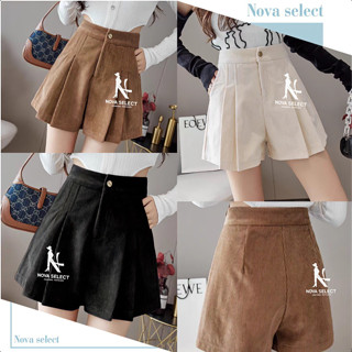 พร้อมส่ง กางเกงขาสั้นเอวสูง ผ้าลูกฟูก เอวสม็อค สไตล์เกาหลี ใ…