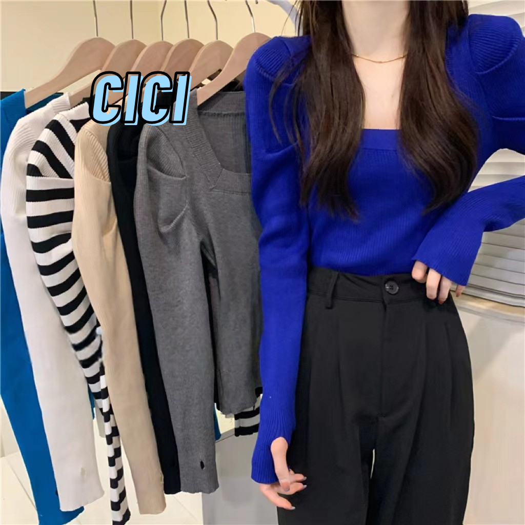 ส่งทันที Cicishop(6A40)เสื้อไหมพรมแขนยาวคอเหลี่ยม แต่งจับจีบช่วงไหล่เพิ่มความกิมมิคแบบเก๋ๆทรงสวยใส่สบายสไลต์โคเรีย